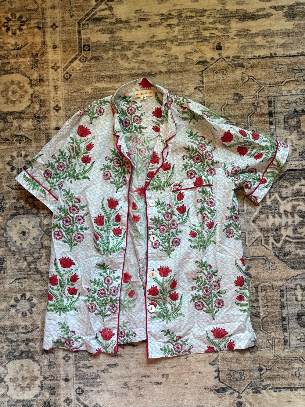 Roller rabbit floral pajama top button down 100% cotton